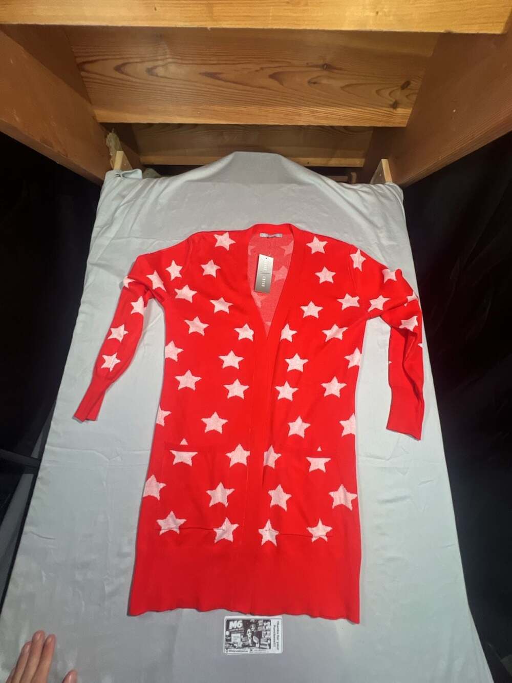 Heart N Crush Red Star Print Open Front Duster Cardigan Sweater
